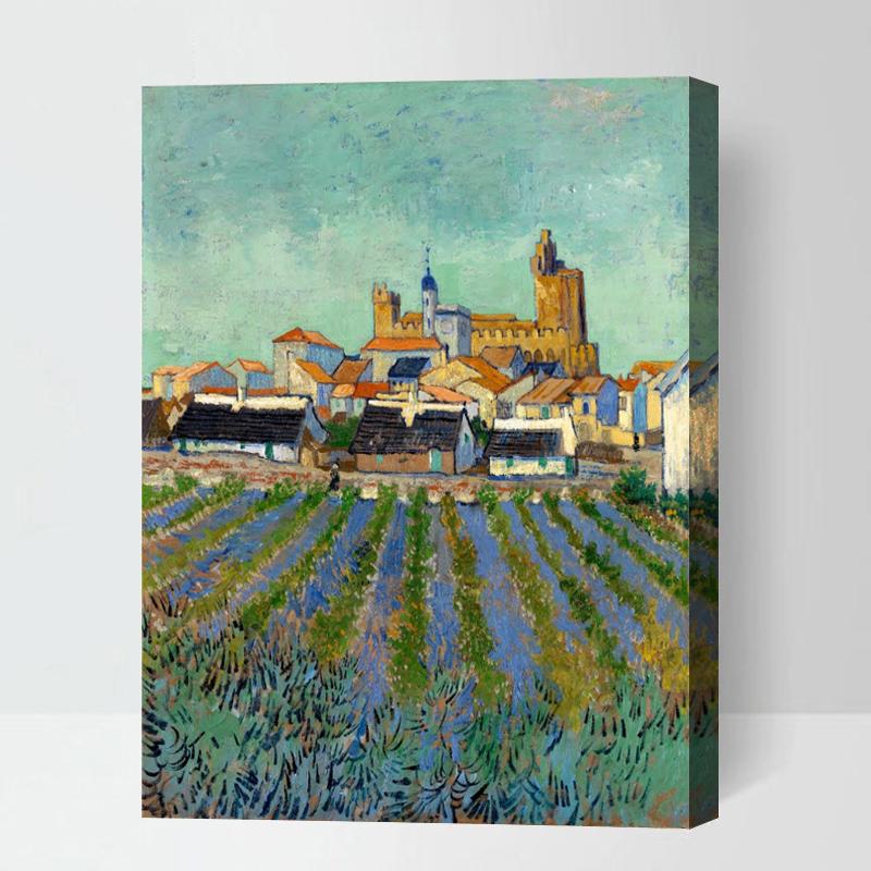 MADE4U [ Post-Impressionism Van Gogh Series ] [ 20" ] [ Thicker (1") ] [ Wood Framed ] Paint By Numbers Kit with Brushes and Paints ( View of Saintes-Maries-de-la-Mer ) HYXPII4038