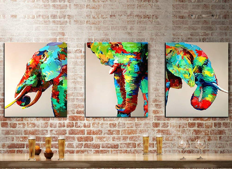 Made4u [ 3 Pieces Split Series Colorful Animals ] [ 20" x 3 ] [ Thicker (1") ] [ Wood Framed ] Paint By Numbers Kit with Brushes and Paints ( Multifaceted Elephant ) CRGP42