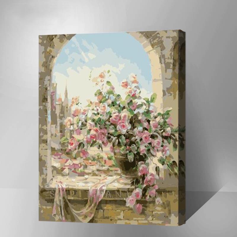 MADE4U [ Flowers and Vases Series ] [ 20" ] [ Wood Framed ] Paint By Numbers Kit with Brushes and Paints ( Flowers by Window) HHGZG134