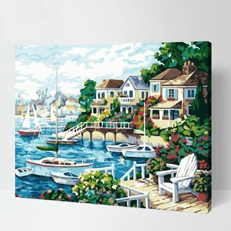 MADE4U [Waters Series] [20"] [Wood Framed] Paint By Numbers Kit with Brushes and Paints (Lakeside HHGZG170)