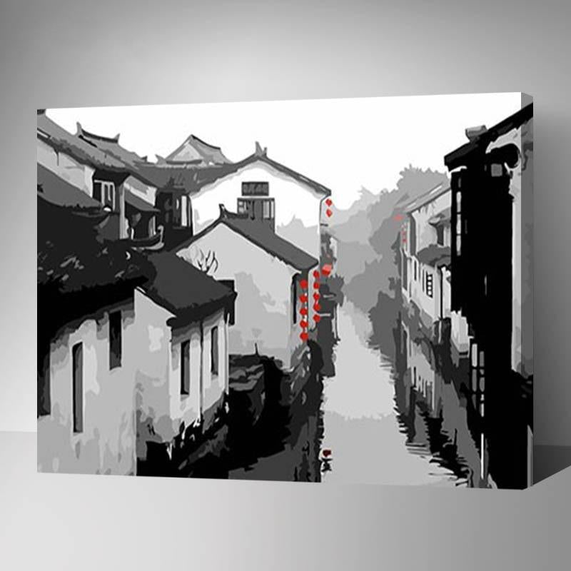 MADE4U [Waters Series] [20"] [Wood Framed] Paint By Numbers Kit with Brushes and Paints (Chinese Water Town HHGZG199)