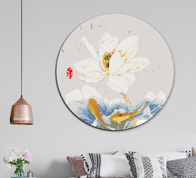 MADE4U [ Circular Plate ] [ 16" ] [ Thicker Wood Framed ] Paint By Numbers Kit with Brushes and Paints ( Brocade Carp GGJJC )