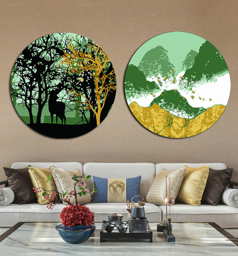 MADE4U [ Circular Plate ] [ 2 Pieces Split Series ] [ 16" ] [ Thicker Wood Framed ] Paint By Numbers Kit with Brushes and Paints ( Great Saver Bundle of 2 GGSMYXAB )