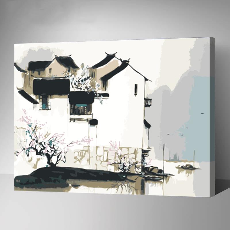 MADE4U [20"] [Waters Series] [Thicker (1")] [Wood Framed] Paint By Numbers Kit with Brushes and Paints (Ancient Town GX7137)