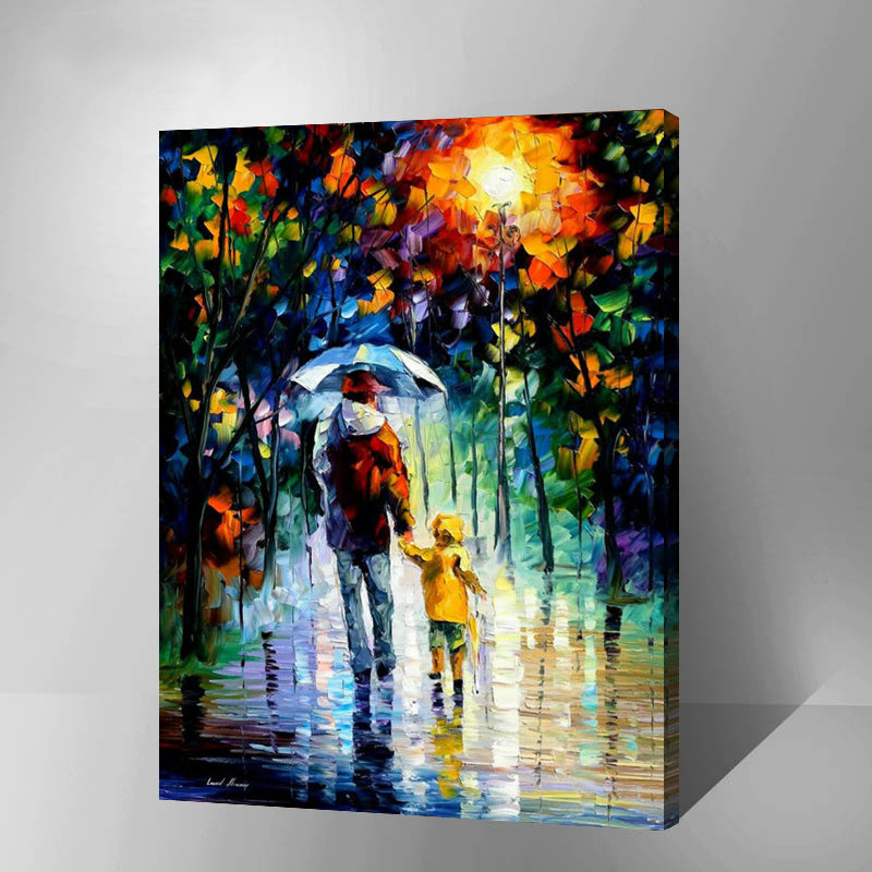 MADE4U [ Impressionism Series ] [ 20" ] [ Thicker (1") ] [ Wood Framed ] Paint By Numbers Kit with Brushes and Paints ( Rainy Walk with Daddy HHGZGX8137 )